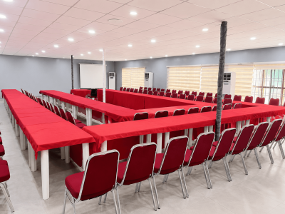 A big hall decorated with red clothings